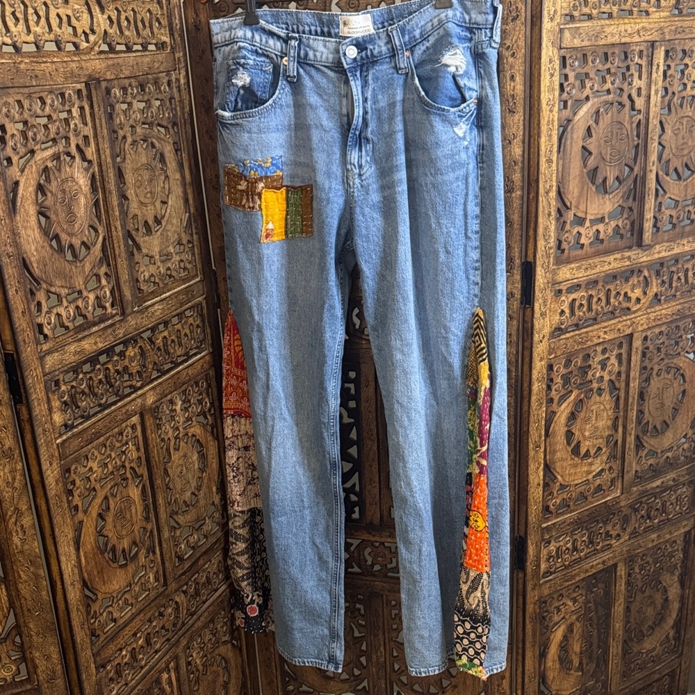 BLOOMWOOD Handmade Upcycled Kantha Patchwork Straight Leg Jeans